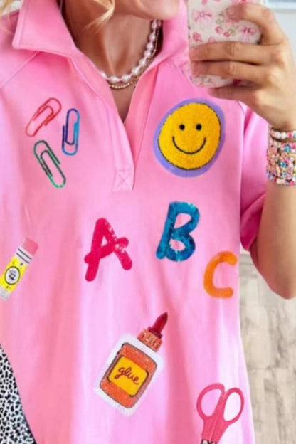Cute Stationery Patch Pink Polo Short Sleeve Mini Dress