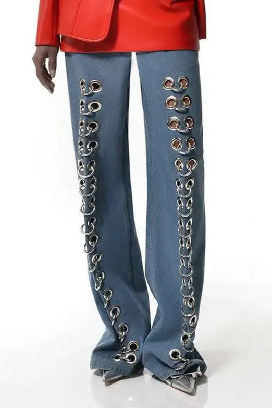 Metal Hole Hollow Out Straight Jeans