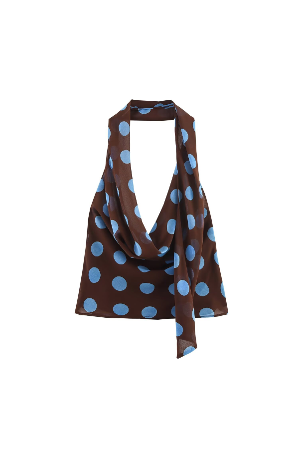 Polka Dot Halter Deep V-Neck Chiffon Top with Sash