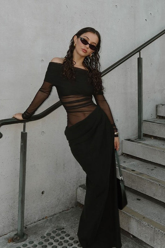 Off Shoulder Sheer Tulle Mesh Slim Fit Elegant Prom Dress