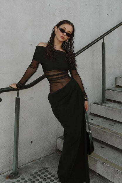 Off Shoulder Sheer Tulle Mesh Slim Fit Elegant Prom Dress