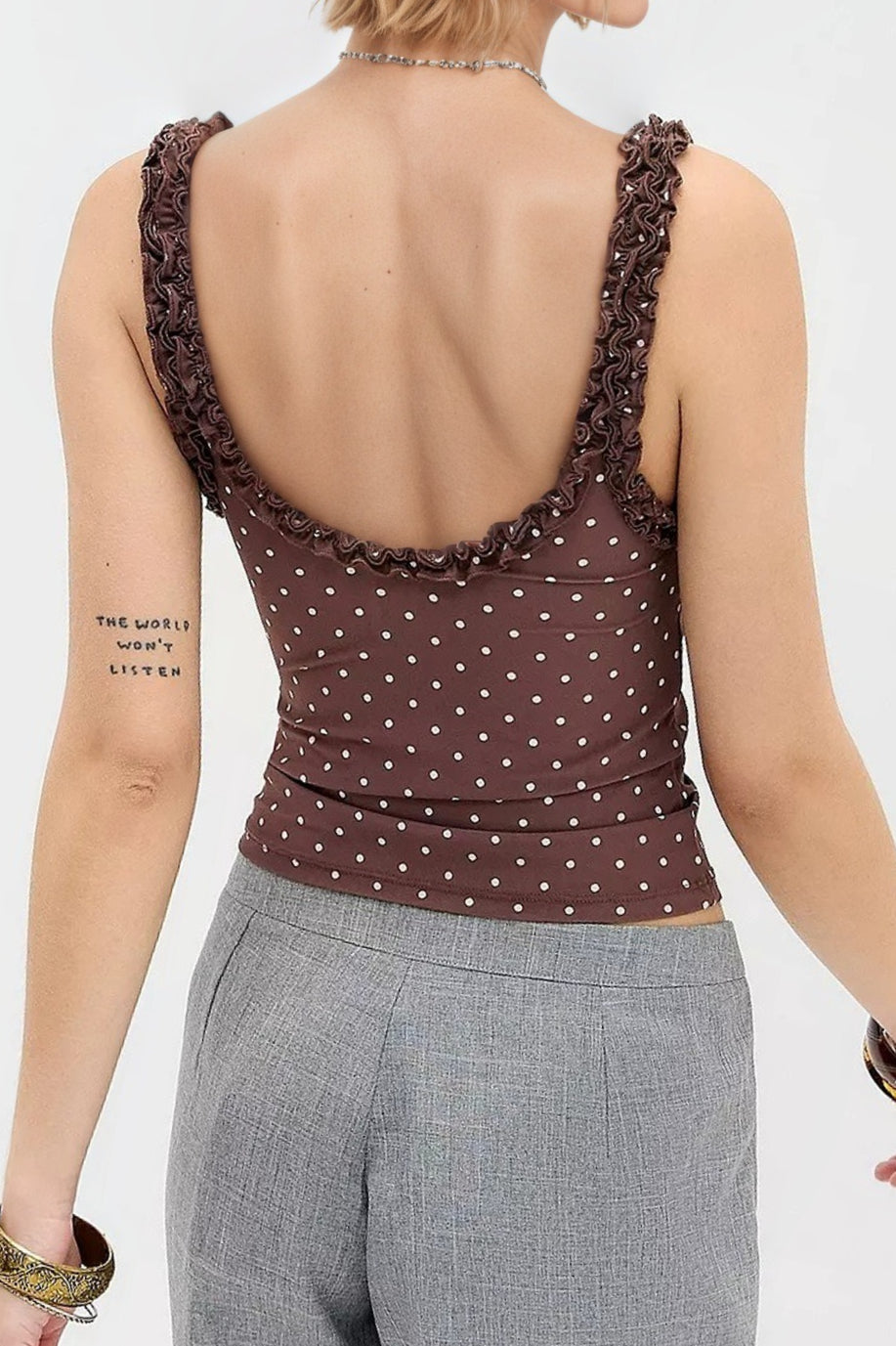 Polka Dot Ruffle Strap Ruched Cami
