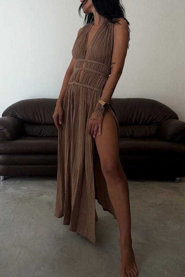 Chic slit braided lace-up cotton and linen dress