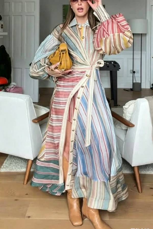 Rainbow Linen Blend Patchwork Striped Button Balloon Sleeve Wrap Shirt Midi Dress