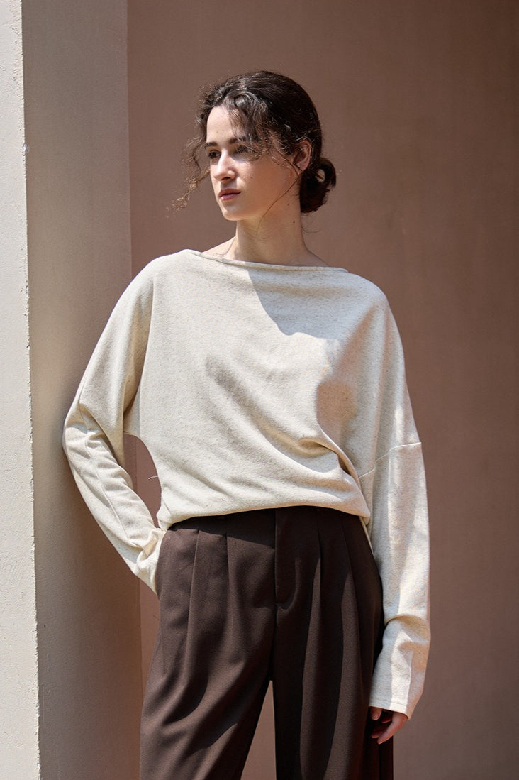 Linen Off Shoulder Slit Knit Top