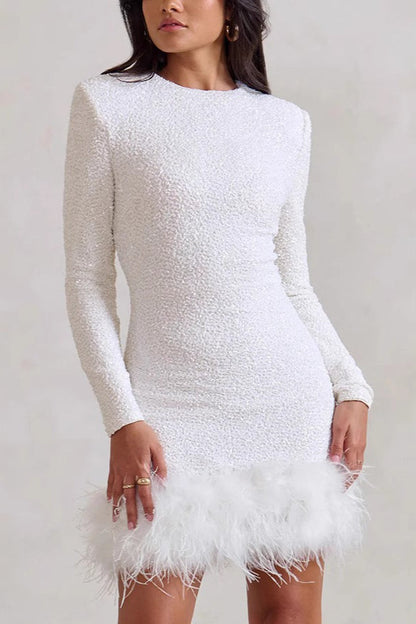 Solid Color Sequin Feather Long Sleeve Round Neck Sequin Dress