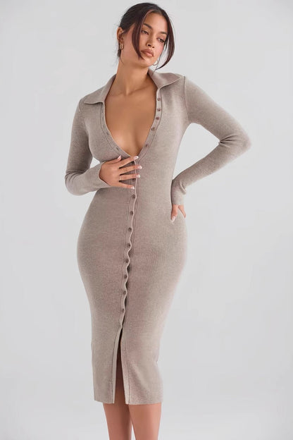 Knit Polo Collar Button Down Long Sleeve Ribbed Bodycon Midi Sweater Dress
