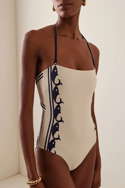 Navy Halter High Waist Strappy One Piece Swimwear