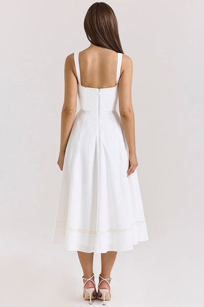 Lace Trim Corset Bodice Wide Strap Fit and Flare Midi Dress