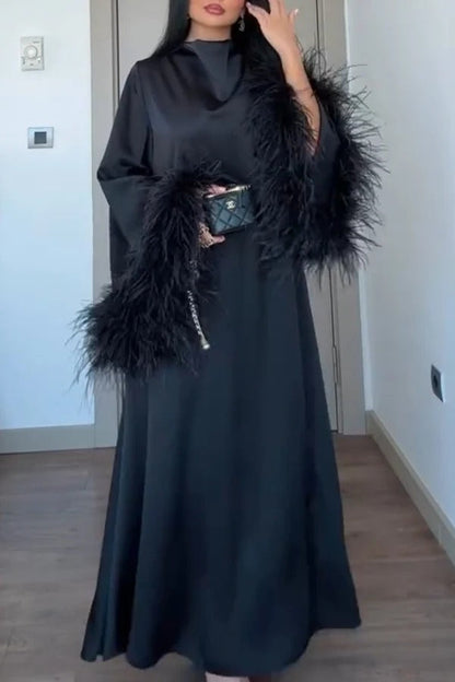 Nadina Satin Cowl Neck Long Feather Trim Sleeve Loose Maxi Dress