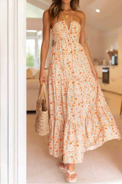 Multi-Color Floral Halter Backless Tiered Maxi Dress
