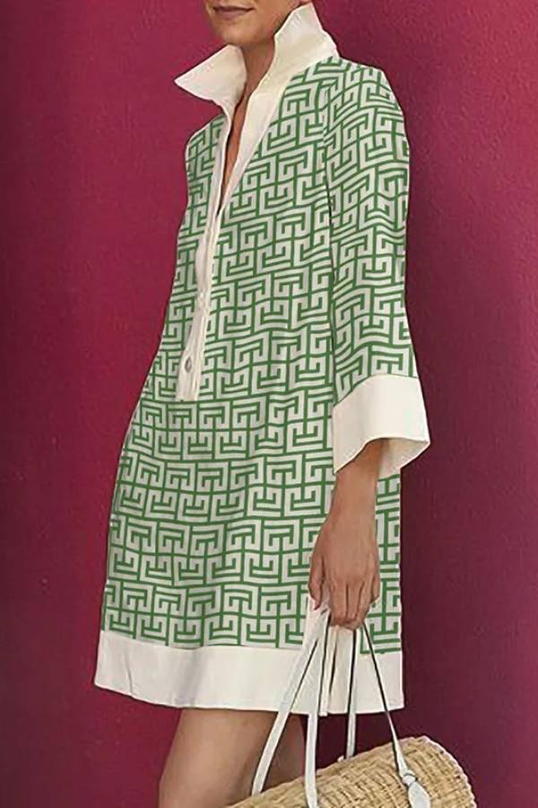 Women's Three-Quarter Sleeves Printed Lapel Shirt Dress