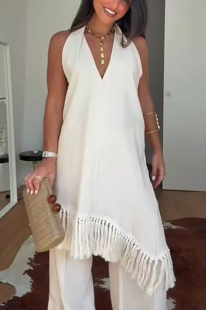 Kortnie Linen Blend Tassel Hem Halter A-line Top and High Rise Pocket Wide Leg Slit Pants Set