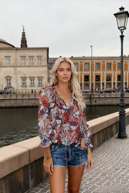 V-Neck Flowered Women's Bohemian Dokotoo Top