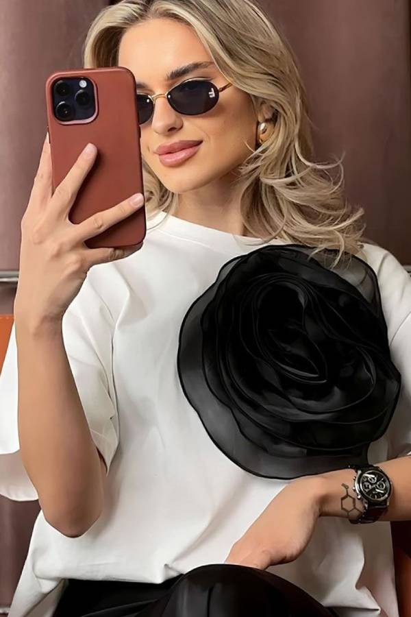Loose T-shirt Three-dimensional Mesh Camellia Cotton Short-sleeved Top