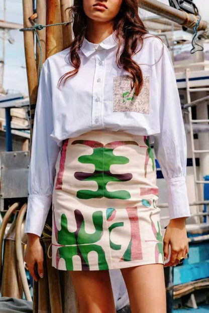 Printed Pocket White Shirt + Abstract Print High-Waisted Skirt Set