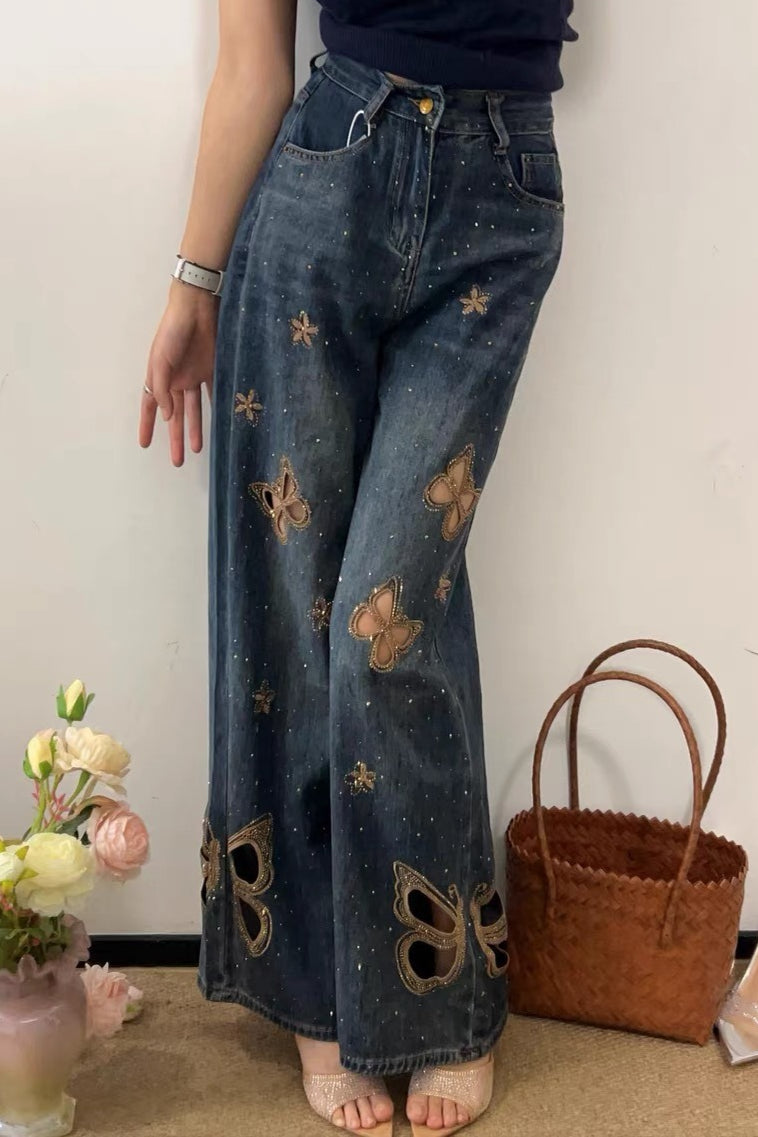 Heavy Embroidery Rhinestone Cutout High Waist Jeans