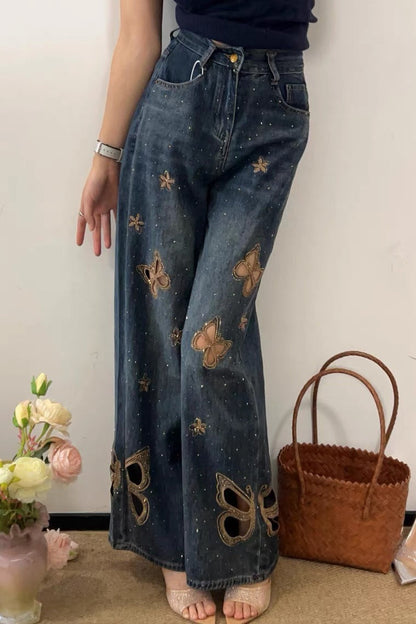 Heavy Embroidery Rhinestone Cutout High Waist Jeans