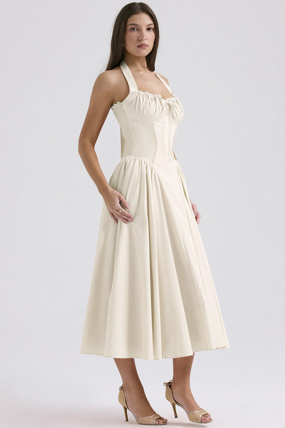 Floral Halter Lace Trim Long Sleeveless Prom Dress