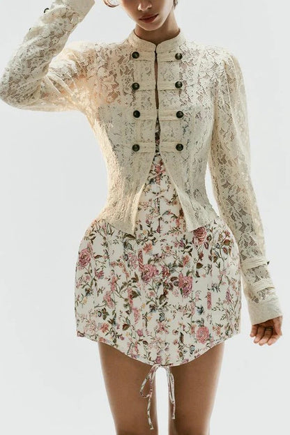 Romantic Retro Napoleon Style Lace Stand Collar Button Up Long Sleeve Jacket
