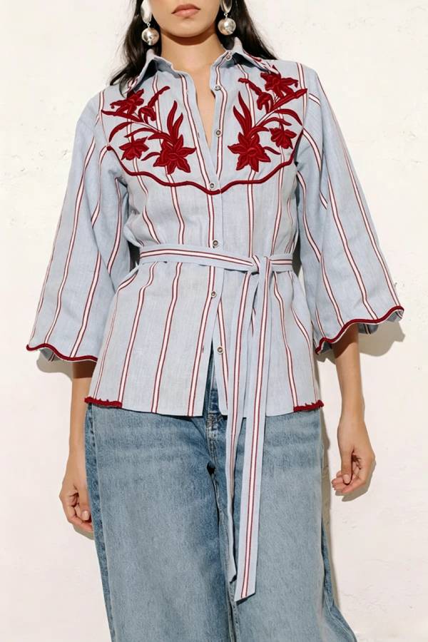 Delirio Linen Blend Floral Embroidery and Stripes Print Bell Sleeve Tie-up Blouse
