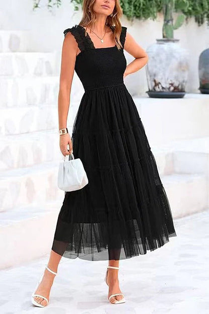 Square Neck Sleeveless Ruffle Tiered Midi Dress