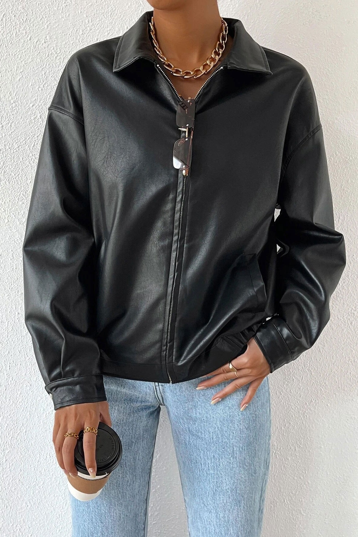 Solid Color Leather Look Jacket