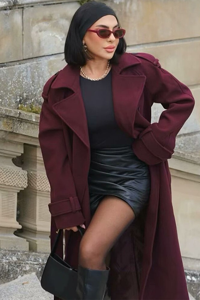 Double Breasted Belted Wool Trench Overcoat