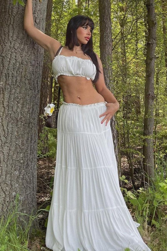 Vacation Style Solid Color Wrap Bodice Halter Skirt Set