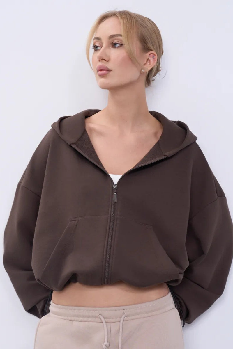 Cropped Fleece Zip Adjustable Waist Hoodie