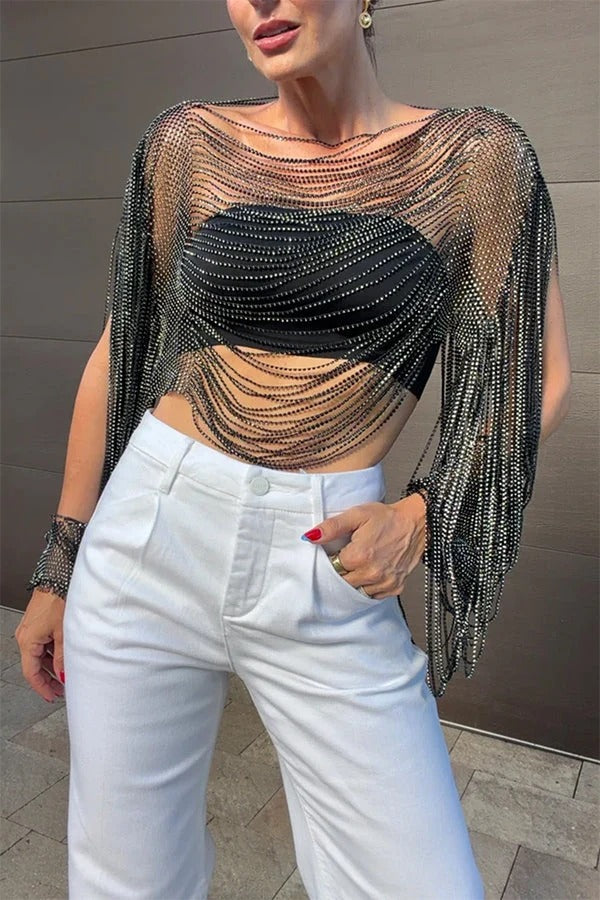 Sparkling Rhinestone Embellished Drape Tassel Batwing Sleeve Loose Crop Cover-up