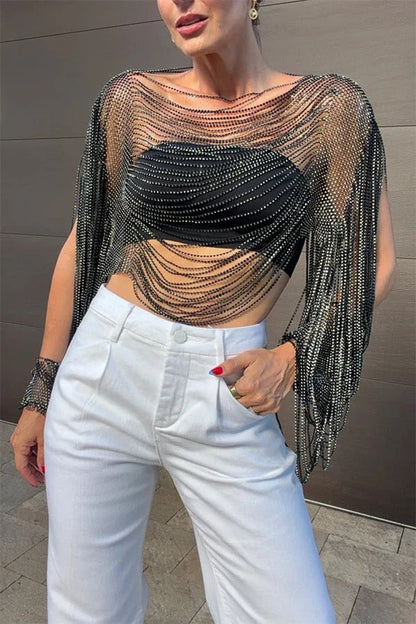 Sparkling Rhinestone Embellished Drape Tassel Batwing Sleeve Loose Crop Cover-up
