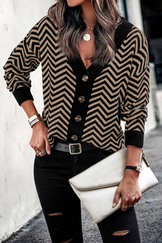Long Sleeve V Neck Open Front Striped Knit Cardigan Sweaters