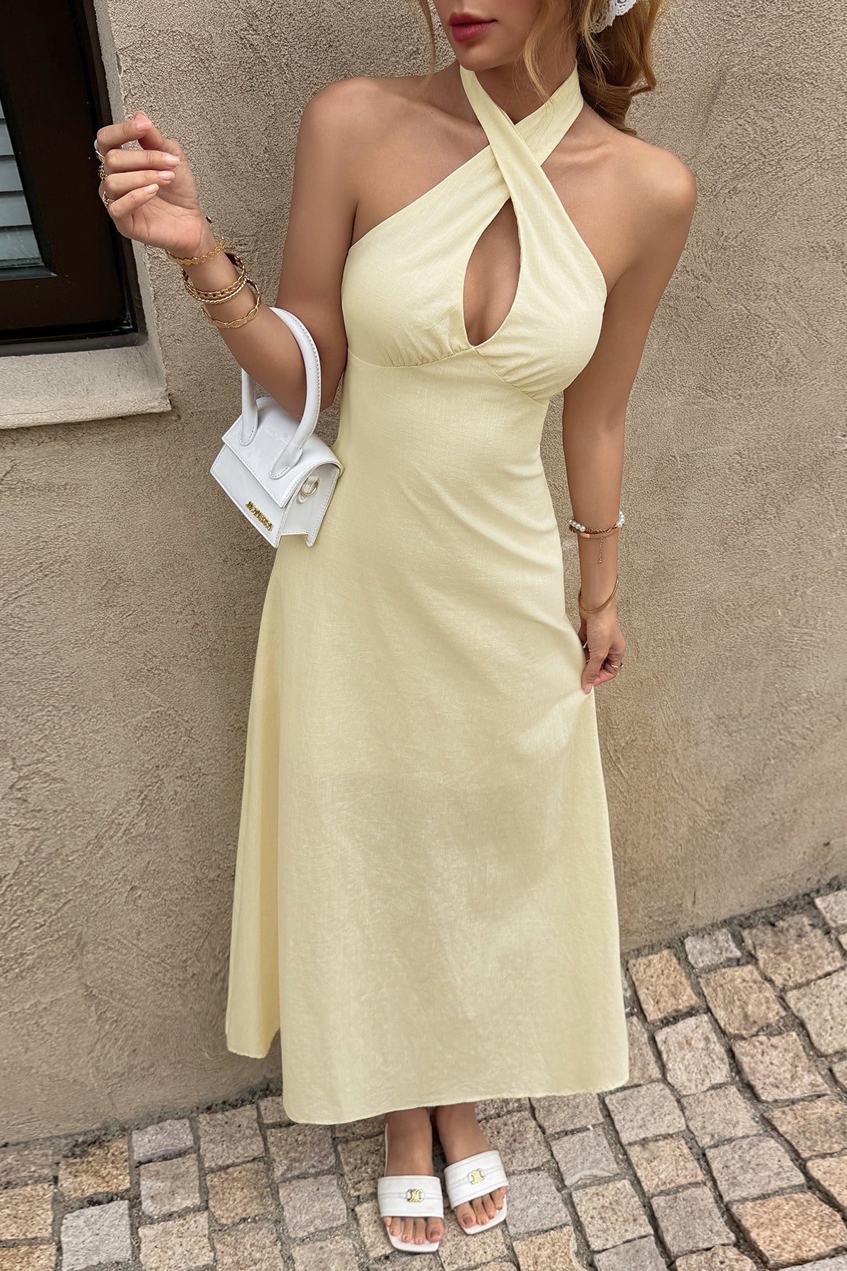 Crisscross Halter Fitted Waist Maxi Dress
