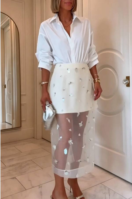 Chic Moment Sequined Organza Fabric Mid Rise Zipper Slit Midi Skirt