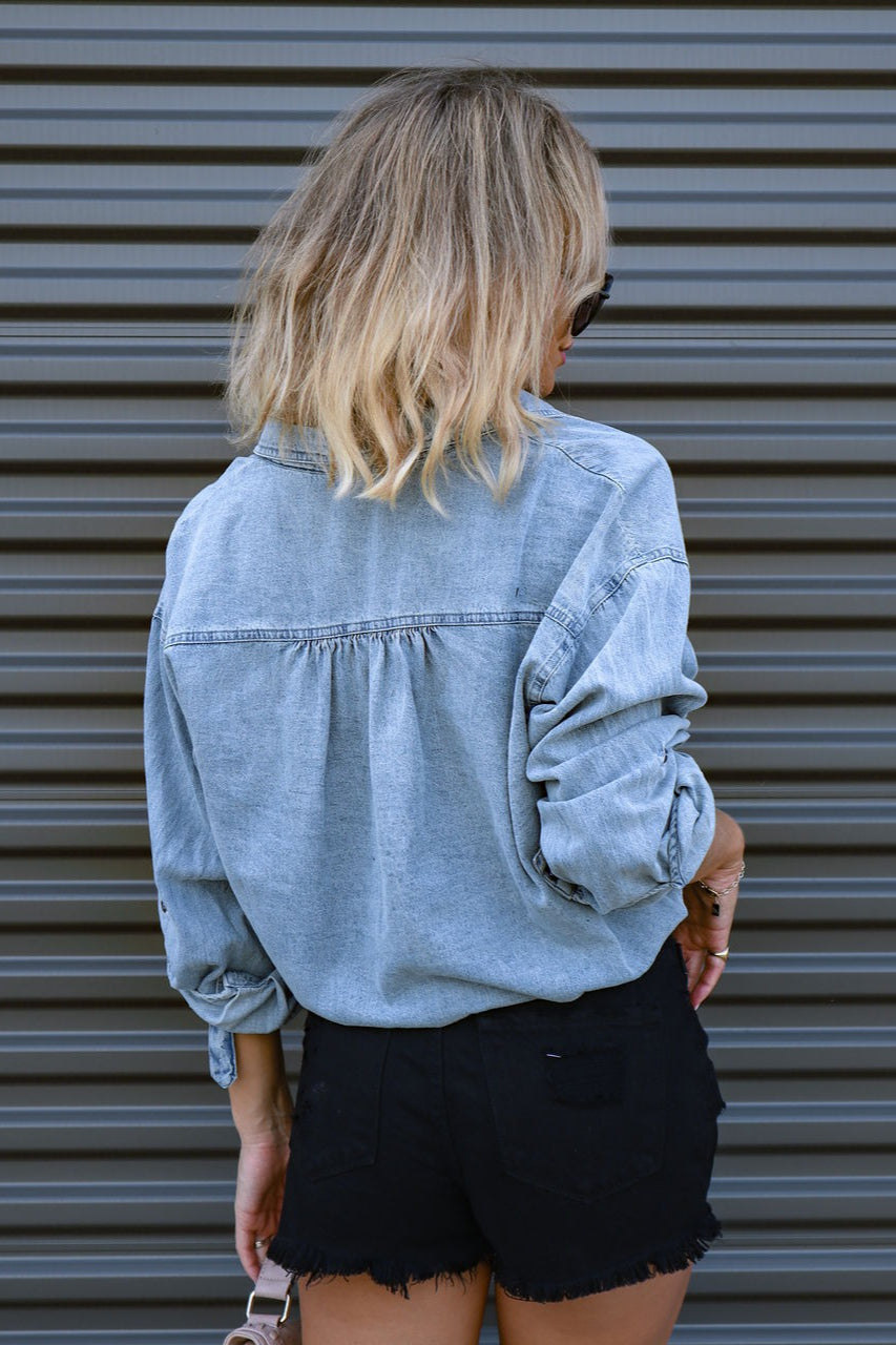 Denim Drawstring Hem Relaxed Blouse
