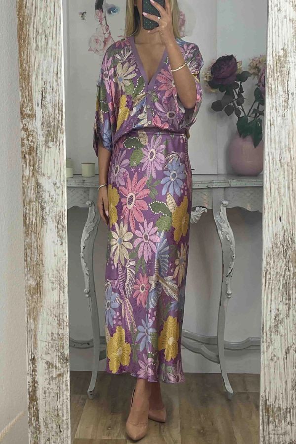 Satin Floral Print V-neck Half-sleeve Loose Top and Elegant Maxi Skirt Set