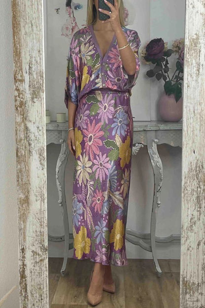 Satin Floral Print V-neck Half-sleeve Loose Top and Elegant Maxi Skirt Set