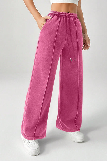 Solid Color Drawstring Waist Wide Leg Sweat Pants