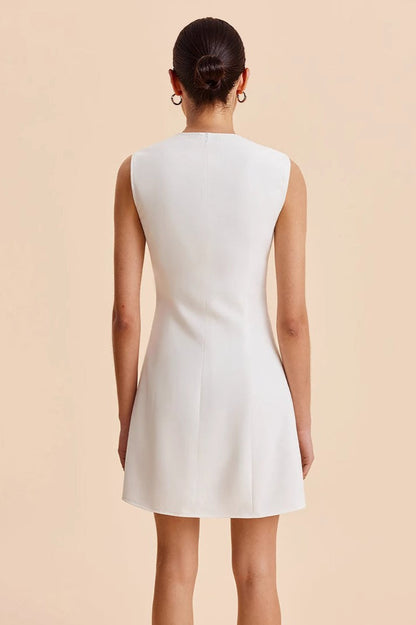 Scalloped Wave Button Front Sleeveless Round Neck A-Line Mini Dress