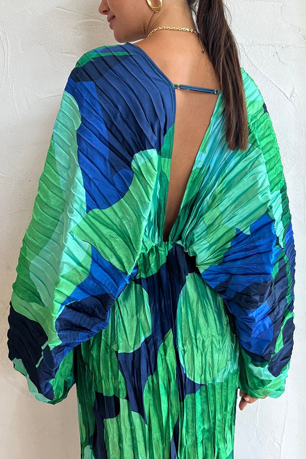 Abstract Floral Print Pleated Deep V-Neck Balloon Sleeve High Split Maxi Dress