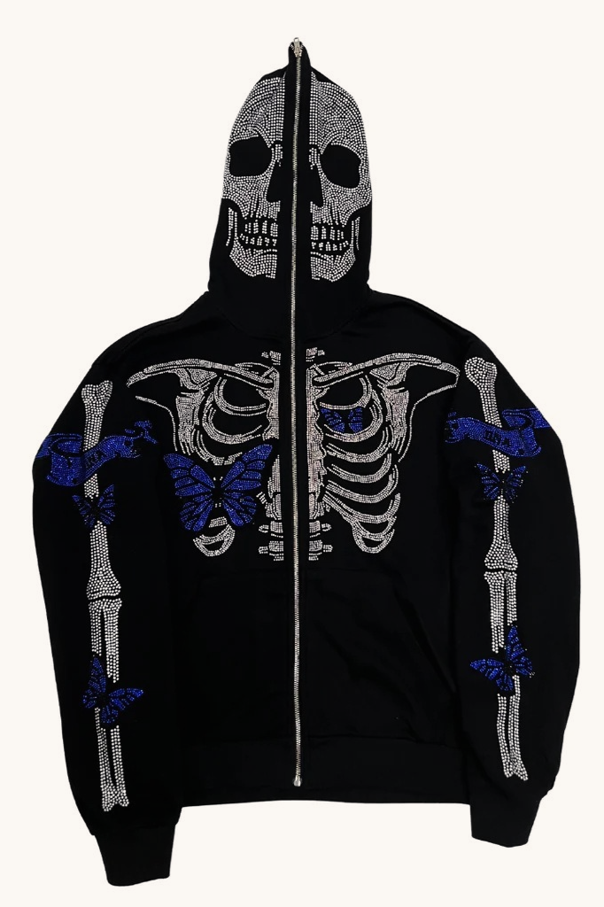 Cartoon Print Camo Panel Zip Youthful Casual Hoodie