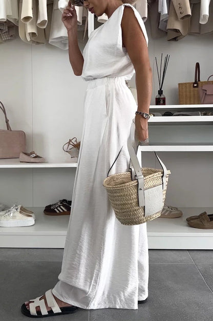Santie Round Neck Cape Sleeve Loose Top and Elastic Waist Pocket Wide Leg Pants Set