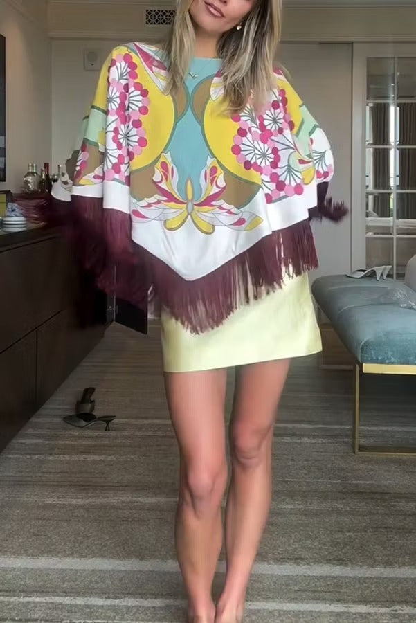 Boho Ethnic-style Floral Pattern Tassel Trim Loose Cape Top