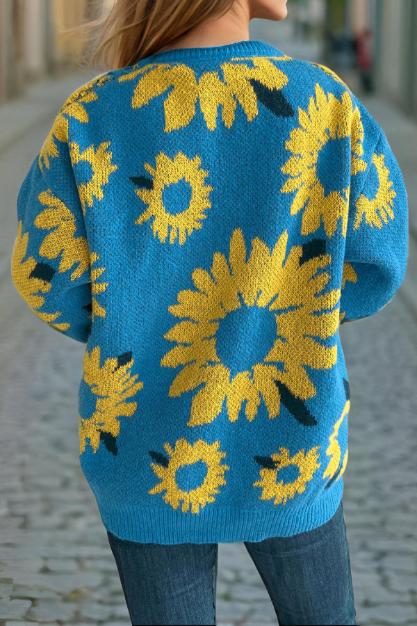 Sunflower Jacquard Crewneck Long Sleeve Knit Pullover Sweater