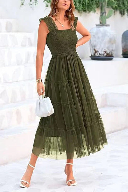 Square Neck Sleeveless Ruffle Tiered Midi Dress