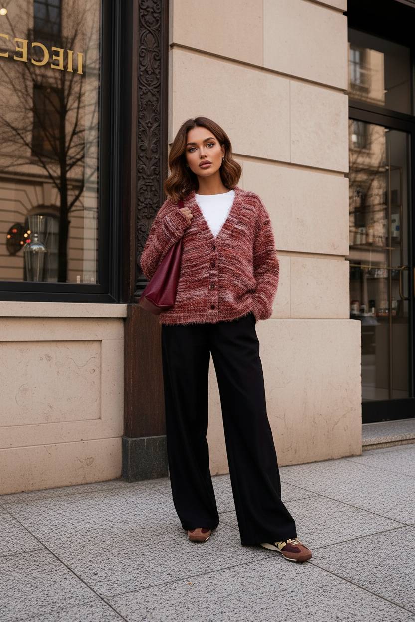 New Retro Fashion Deep V-Neck Maillard Plush Long-Sleeve Knit Cardigan