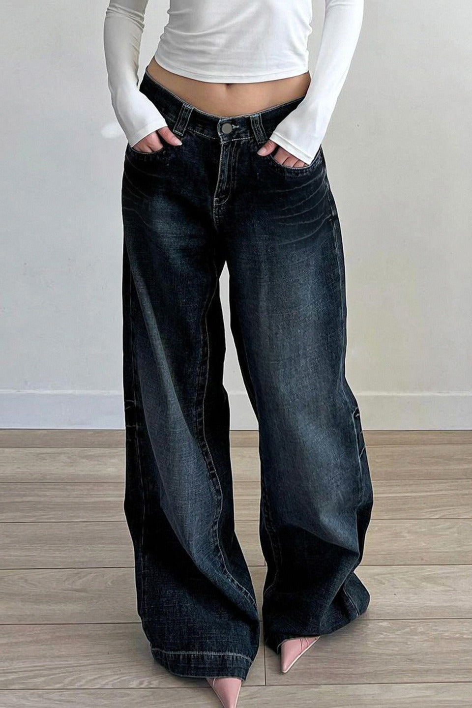 Deep Blue Straight Wide Leg Jeans