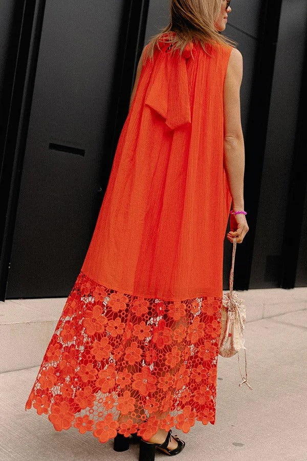 Breezy Comfort Tie-up Neck Sleeveless Floral Lace Hem Maxi Dress