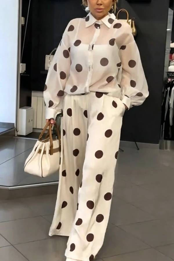 Grazia Polka Dot Sheer Long Balloon Sleeve Shirt and Elastic Waist Pocket Wide Leg Pants Set